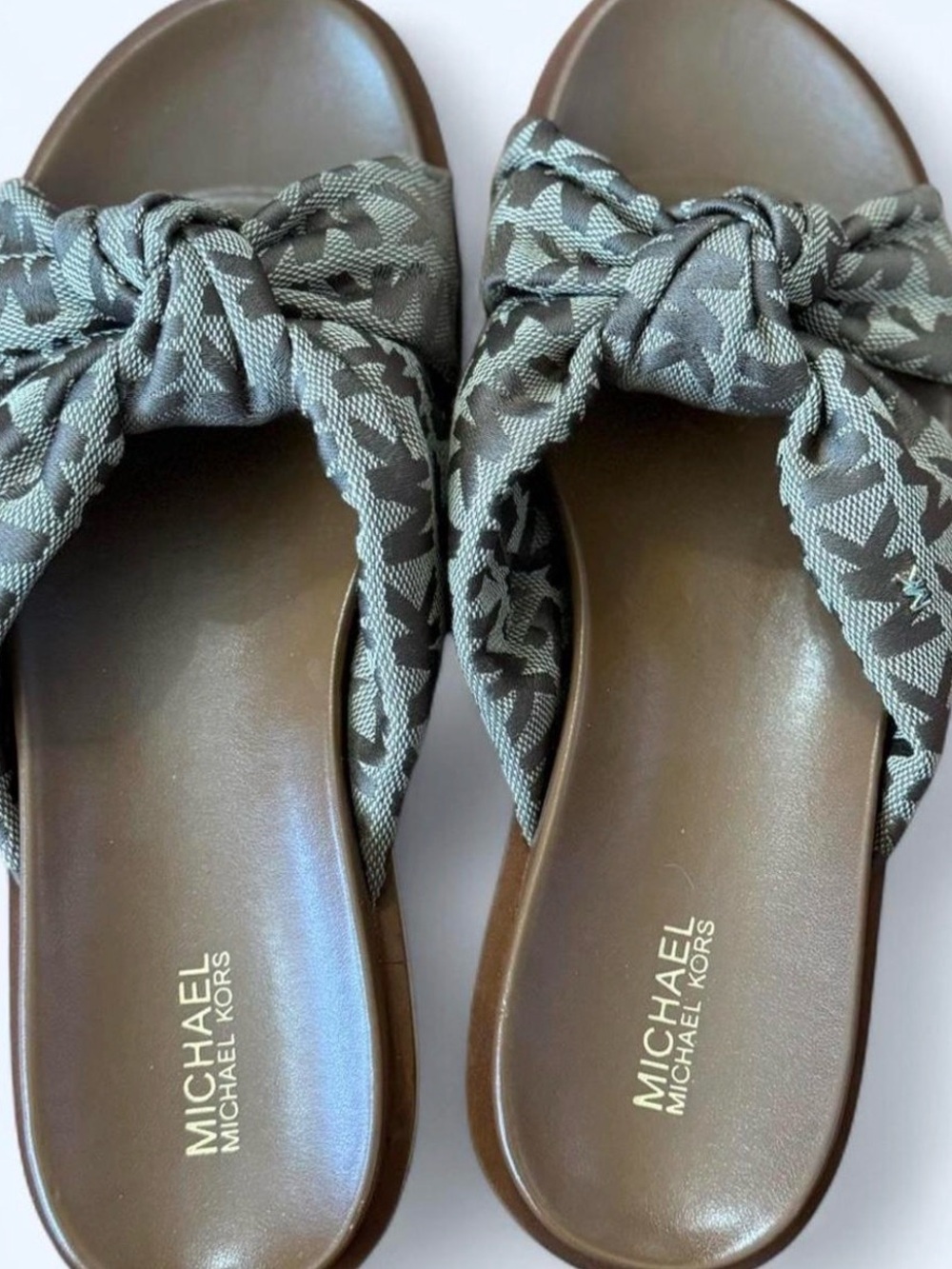 Michael Kors Brown Slide Sandals with Gray Knotted Straps